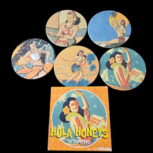 Vintage Hula Honeys Cardboard Coasters 2003 Set of 9 With Drink Recipes On Back - Picture 1 of 5